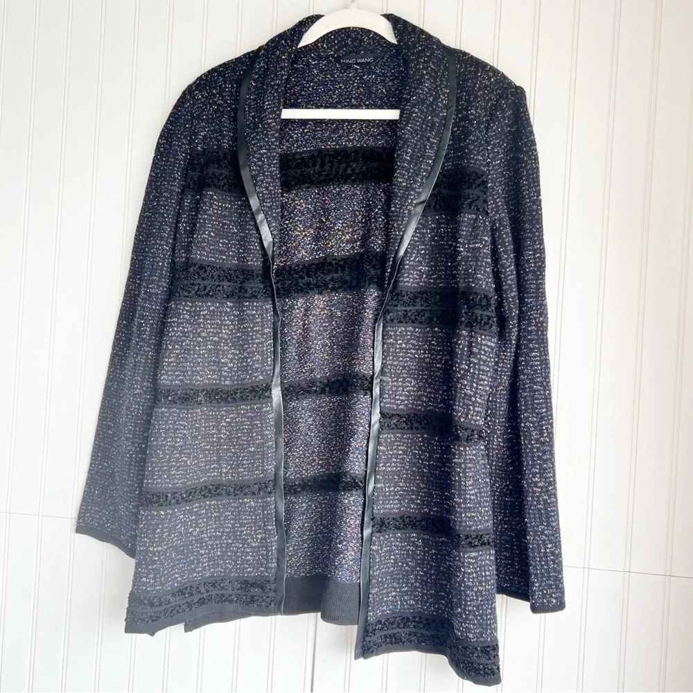 MING WANG Size L Open Cardigan Boucle Blue Black Knit Jacket with Leather Trim